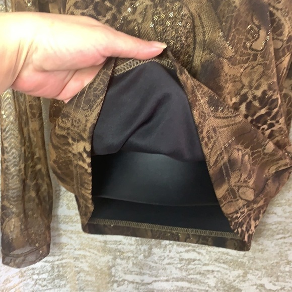 Script Brown Floral Glittery Print Long Sleeve Semi-Sheer blouse - Picture 6 of 10